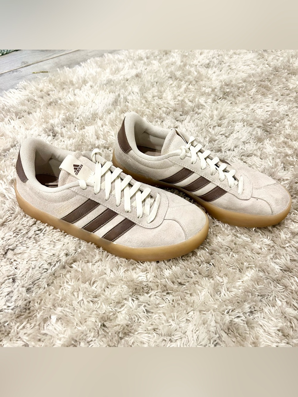 adidas Women’s Cream Suede Sneakers with Brown Stripes and Gum Sole - Size 8.5